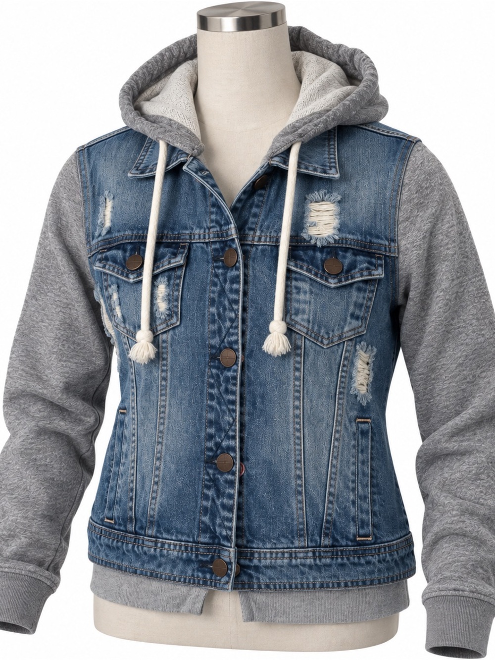 VENUS Blue Denim Jacket with Gray Hooded Knit Sleeves